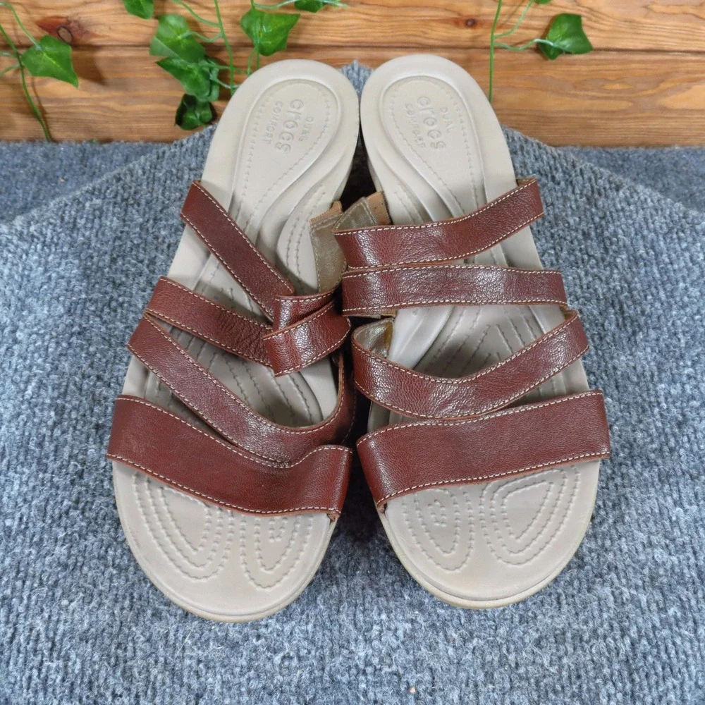 Crocs Leigh-Ann Women Wedge Sandal Size 11 Comfort Dress Brown Leather Strappy